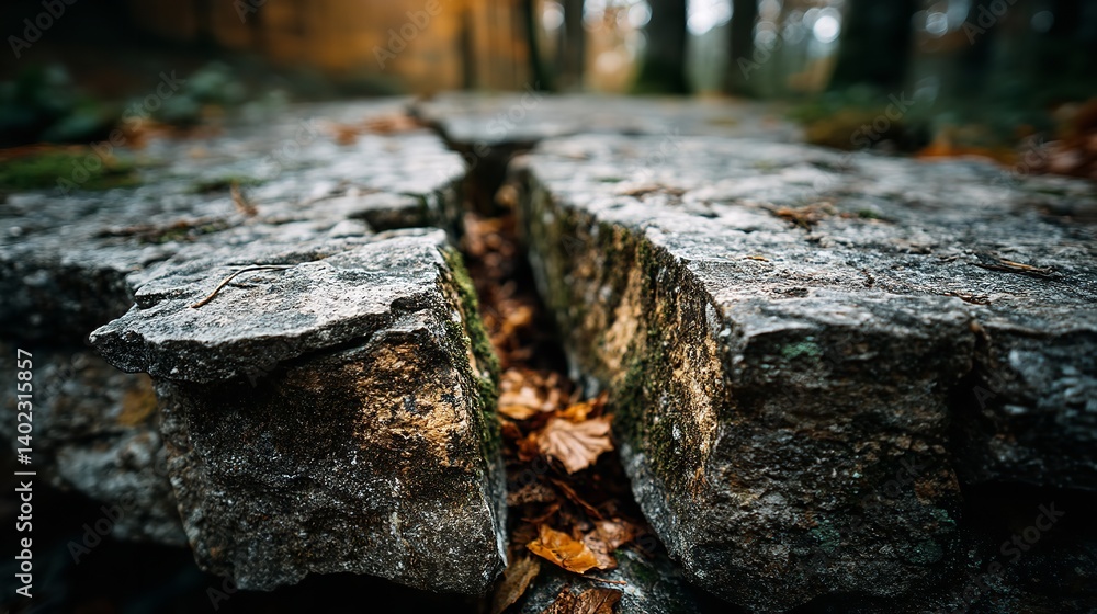 Cracked Rock with Autumn Forest Background – Minimalist Close-Up View Cracked Rock with Autumn Forest Background – Minimalist Close-Up View