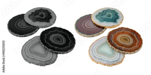 Natural Agate Coasters isolated on white, a metallic set of circle objects
