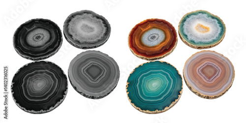 Natural Agate Coasters isolated on white, a metallic set of circle objects