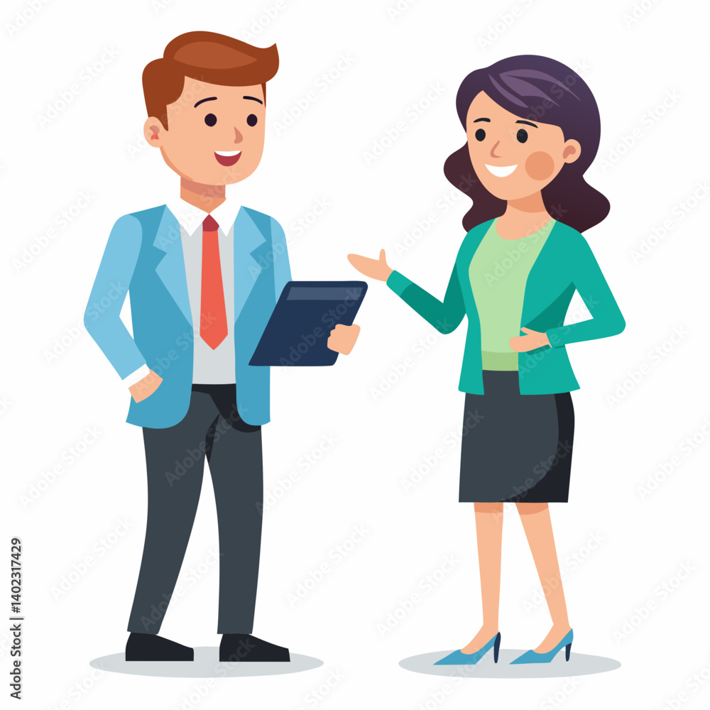business woman and a business man are discussing issues Vector flat illustration meeting conversation teamwork collaboration office corporate professional communication business woman and a business man are discussing issues Vector flat illustration meeting conversation teamwork collaboration office corporate professional communication