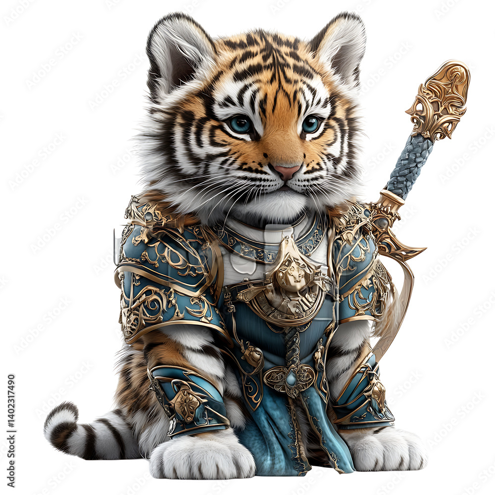Fototapeta premium Noble tiger cub in celestial battle armor fantasy realm digital art mythical environment close-up