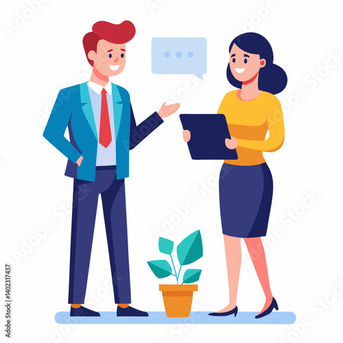 business woman and a business man are discussing issues Vector flat illustration meeting conversation teamwork collaboration office corporate professional communication
