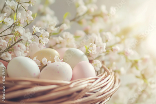 Easter festive basket bird nest with painted speckled eggs blooming willow branches spring light, Generative AI