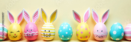 Colorful Easter Eggs In Festive Arrangement Feature Bunny Ears, Adorned With Polka Dots And Stripes In Fun Holiday Design.