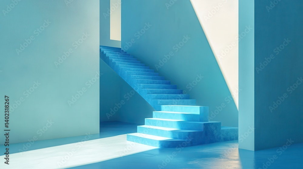 Obraz premium Abstract blue stairs ascending in a minimalist room. illustration