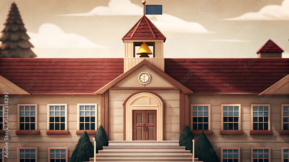 Cheerful Cartoon School Building with Red Roof and Bright Colors Cheerful Cartoon School Building with Red Roof and Bright Colors
