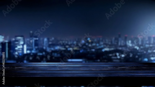 Night city skyline with illuminated buildings viewed from a wooden balcony, creating a serene atmosphere
