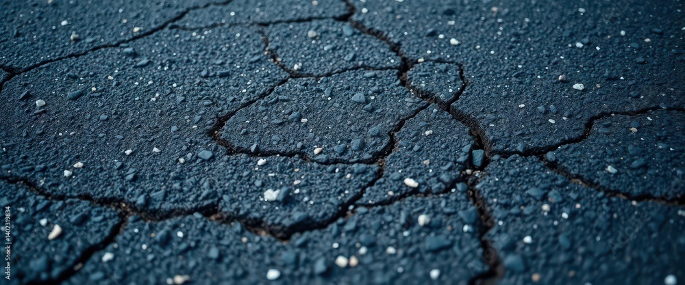 Obraz premium Close-up texture of dark asphalt road surface, showing cracks and aggregate, highway, cracks