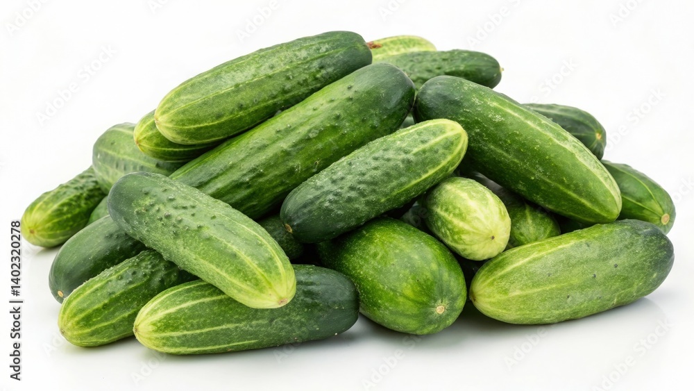Fresh cucumbers arranged in a pile on a plain white background showcasing their vibrant green color and unique textures Fresh cucumbers arranged in a pile on a plain white background showcasing their vibrant green color and unique textures