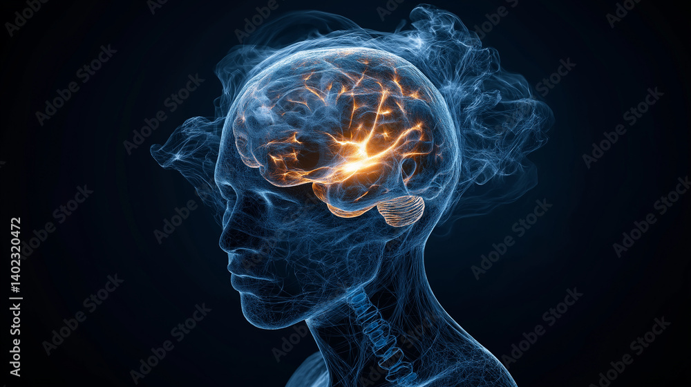 A brain with a yellow light on it A brain with a yellow light on it
