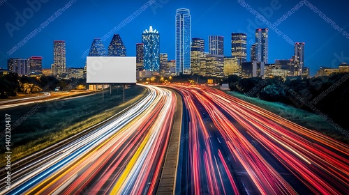 Nighttime cityscape of Dallas with light trails from moving cars on a highway and a blank billboard