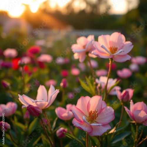 Dusk light bathes fragrant blooms in a vibrant green garden, petals softly unfurling, evening, bloom, fragrance