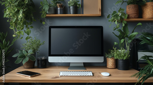 デスクトップPCと観葉植物のある空間