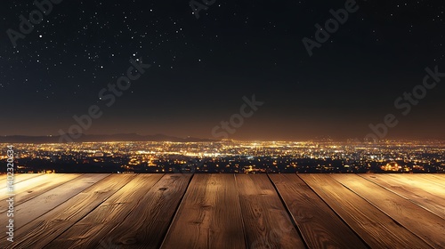 Fotografia Nighttime cityscape view from a wooden balcony overlooking a vibrant skyline ill