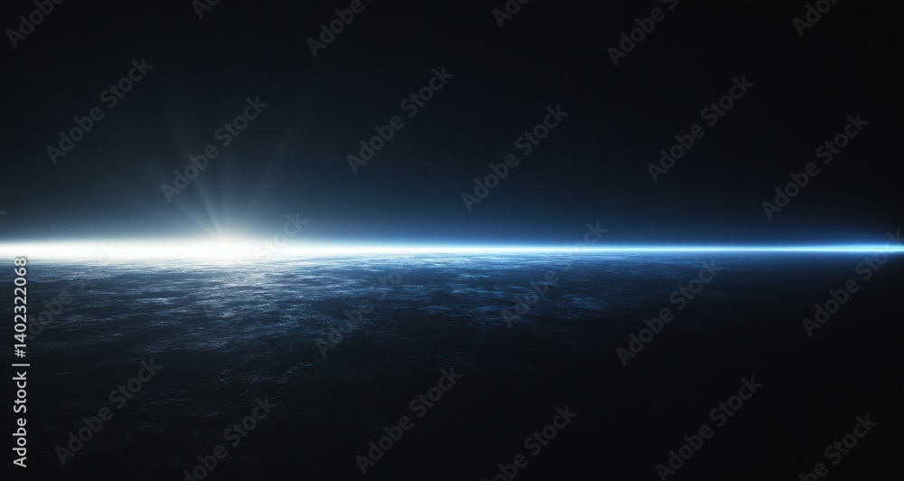 Fototapeta premium Luminous horizontal blue light beam on dark textured background
