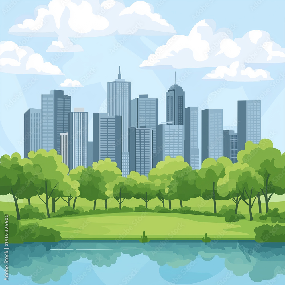 Obraz premium 都会の公園と高層ビルの風景(イラスト)