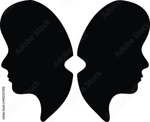 Dual-face butterfly illusion in black and white, where two mirrored human profiles form the wings of a surreal insect