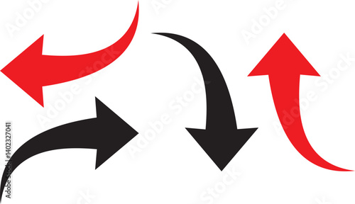 A simple, red, curved arrow pointing to the right and down on a white background. Direction symbol. Arrow symbol for app, UI, web. Vector illustration eps file