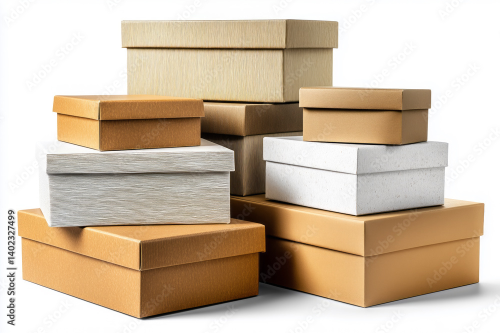 A stack of shoe boxes of different sizes made of different materials on a white background A stack of shoe boxes of different sizes made of different materials on a white background