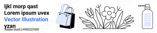 Shopping bags beside abstract flower design and sanitizer bottle. Ideal for retail, eco-friendly theme, wellness, shopping, floral decor, hygiene concept, flat landing page banner