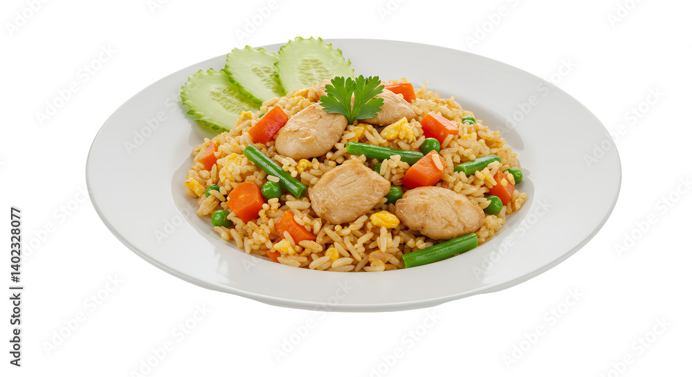 Chicken Fried Rice with Mixed Vegetables on White Plate Chicken Fried Rice with Mixed Vegetables on White Plate