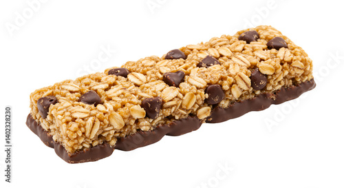Chocolate-Covered Granola Bar with Oats and Chocolate Chips on Transparent Background