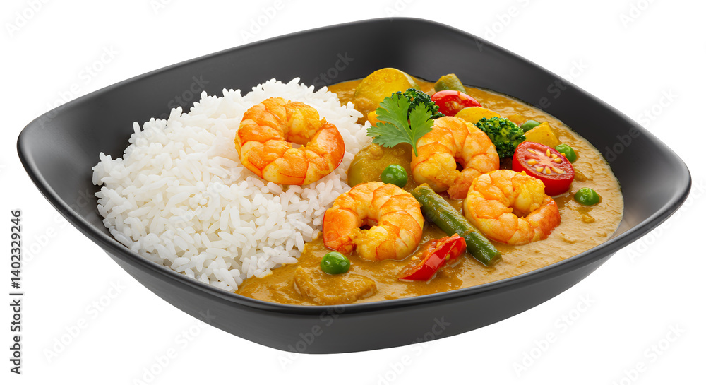 Creamy Yellow Shrimp Curry with White Rice in Dark Bowl Creamy Yellow Shrimp Curry with White Rice in Dark Bowl
