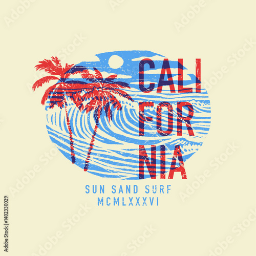 HAND DRAWN VINTAGE SURF BEACH CALIFORNIA WOODPRINT LINO CUT SEASCAPE PALM TREE ISLAND VACATION OCEAN TSHIRT TEE PRINT FOR APPAREL MERCHANDISE