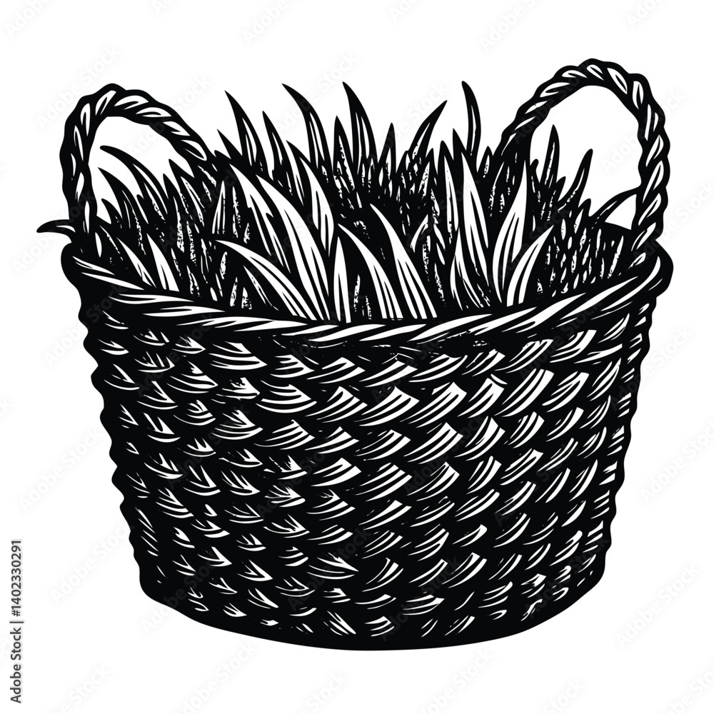 Obraz premium Seagrass Storage Basket, a handmade natural container isolated, brown, black on white