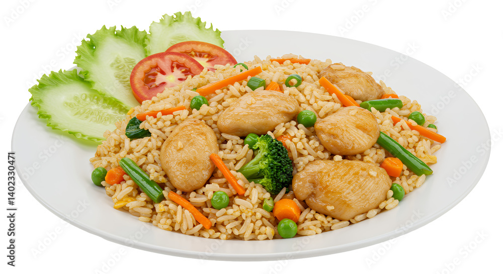 Delicious Chicken Fried Rice with Mixed Vegetables on White Plate Delicious Chicken Fried Rice with Mixed Vegetables on White Plate