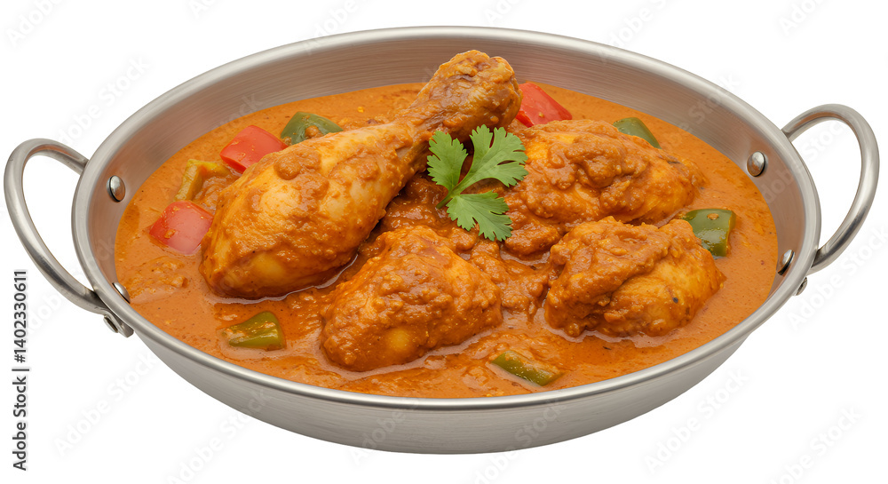 Delicious Chicken Tikka Masala in Metallic Bowl on Transparent Background Delicious Chicken Tikka Masala in Metallic Bowl on Transparent Background