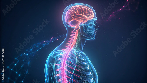 Photos "Medical Illustration of Brain and Spine with Glowing Neural Networks"