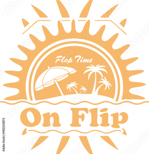 On Flip:  A sunny summer logo design featuring a sunset with palm trees, an umbrella and the text "On Flip" and "Flop Time", perfect for a tropical vacation, relaxing beach vibes or a summery brand. 