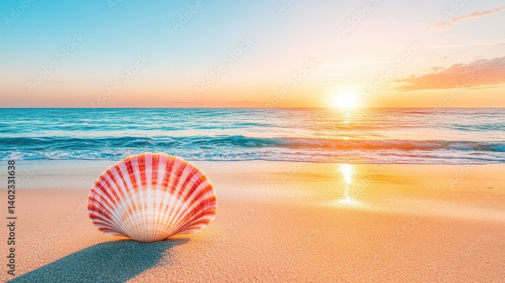 Seashell on Sandy Beach at Sunset, Ocean View Seashell on Sandy Beach at Sunset, Ocean View