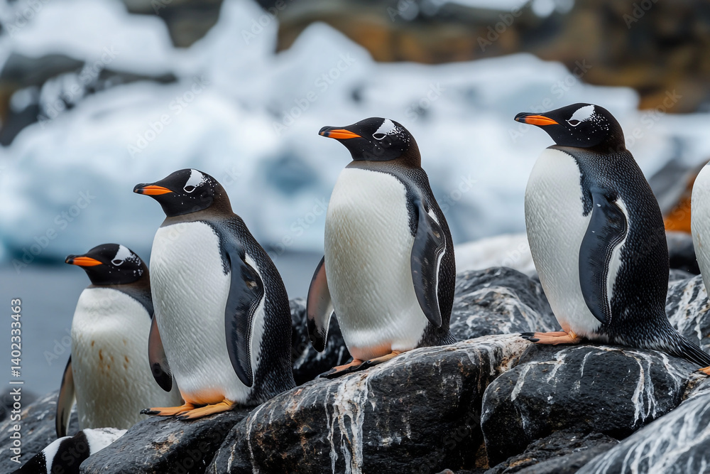 Fototapeta premium Colorful penguins sitting on rocks near the ocean in Antarctica
