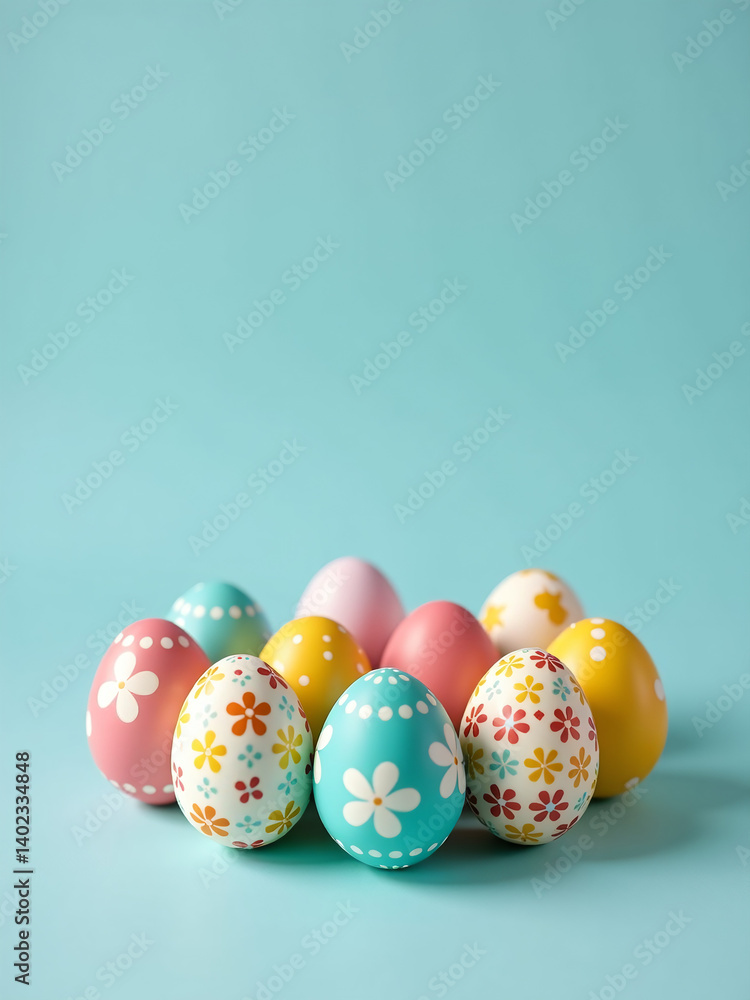 Fototapeta premium Easter Eggs In Vibrant Colors And Intricate Designs Are Carefully Arranged On A Pale Blue Tabletop Display.