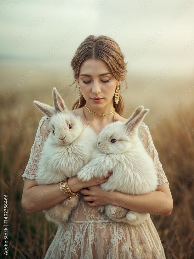 Woman holding two fluffy rabbits in a serene, natural setting during golden hour Woman holding two fluffy rabbits in a serene, natural setting during golden hour