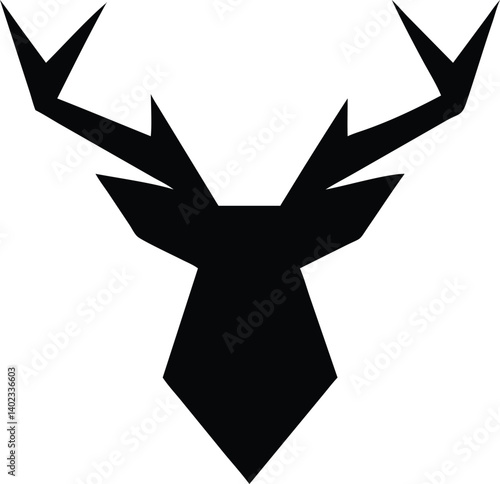 An abstract polygonal rendering of a stag's bust, composed of intersecting dark shapes to simulate depth and symmetry on a blank field
