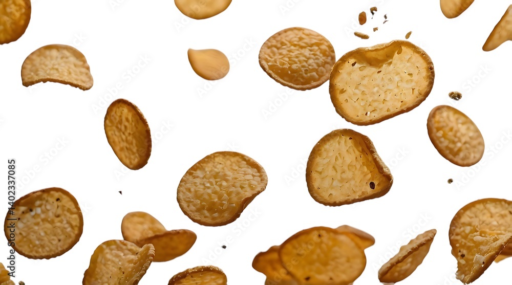 Crispy Wheat Snacks Falling on White Background... Crispy Wheat Snacks Falling on White Background...