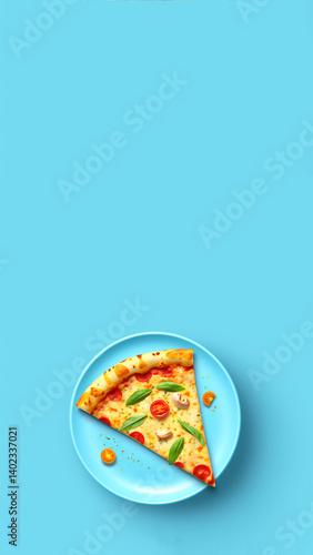 Creative vertical image of a single pizza slice with tomato and basil on a bold blue background. The minimal composition is designed for reels and stories