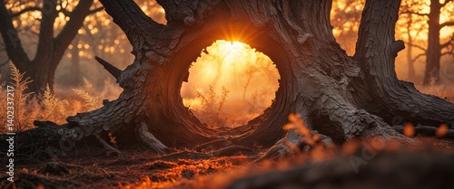 Golden Hour Sunlight Through Old Tree Trunk Hole
