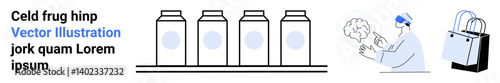 Person in lab coat and mask examining substance, four aligned milk bottles, shopping bag. Ideal for science, technology, research, dairy industry, laboratory workflow, retail concept flat landing