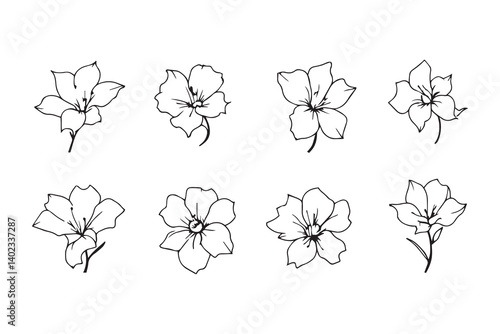 Set of 6 pec in two row  Freesia black line art on white background