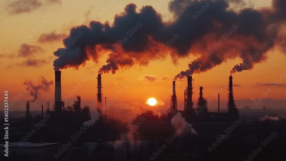 Factory Emissions Darken Sky: Industrial Pollution Collides with Golden Sunset Factory Emissions Darken Sky: Industrial Pollution Collides with Golden Sunset