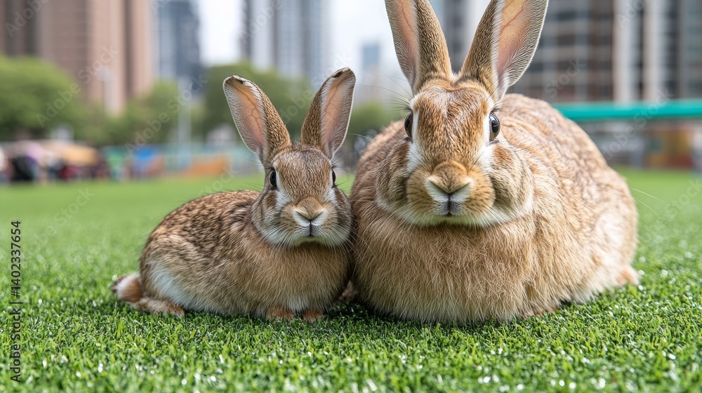 Fototapeta premium Two adorable rabbits resting on artificial grass.