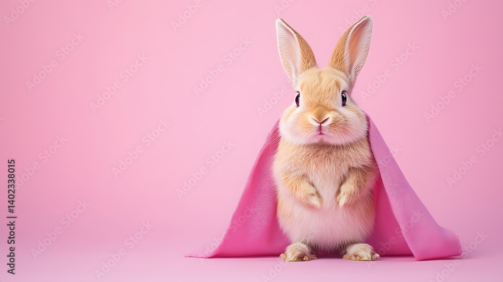 Cute Orange Bunny in Pink Cape on Pink Background