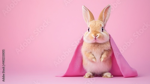 Obraz na płótnie Cute Orange Bunny in Pink Cape on Pink Background w salonie