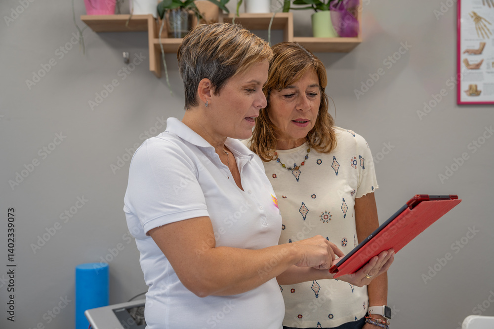 Physiotherapist analyses medical progress with patient on tablet