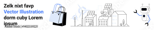 Shopping bag, eco-city buildings with solar panels, wind turbines, plants, and a robot arm. Ideal for sustainability, AI, technology shopping innovation renewable energy smart cities. Perfect