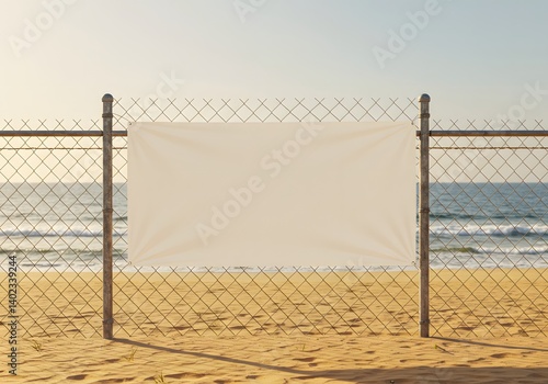 Seaside Promotion—Blank White Advertising Banner Mockup Mounted on a Chain-Link Fence by the Beach
